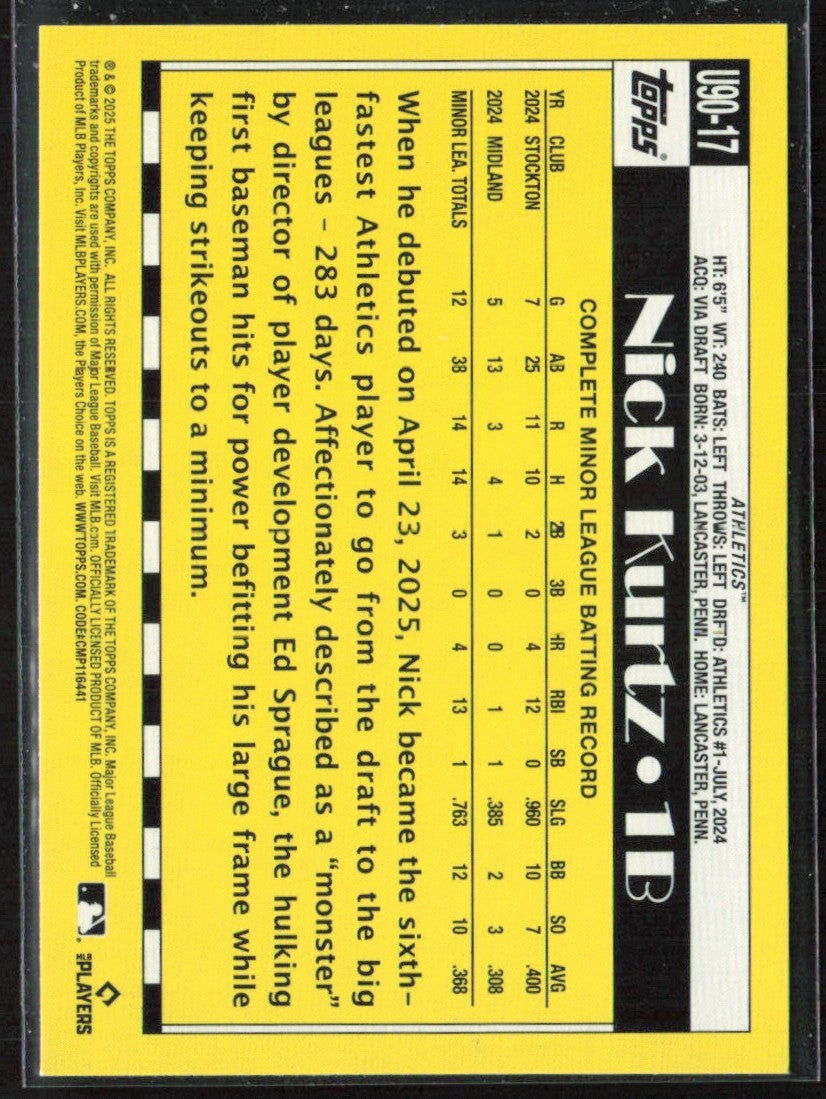 Nick Kurtz 2025 Topps 1990 Design RC #U90-17 Athletics
