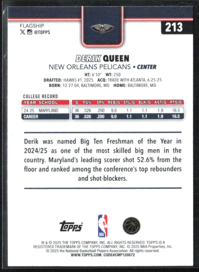 Derik Queen 2025 Topps RC #213 New Orleans Pelicans