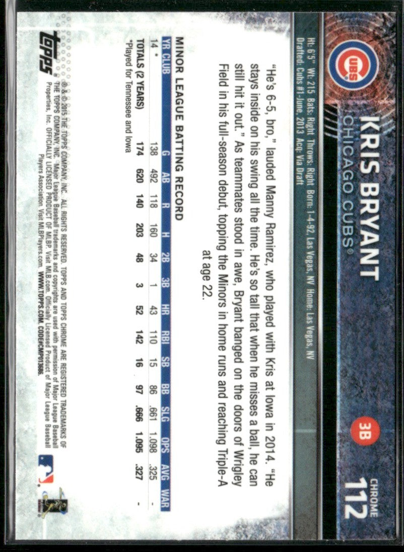 Kris Bryant 2015 Topps Chrome RC #112 Chicago Cubs