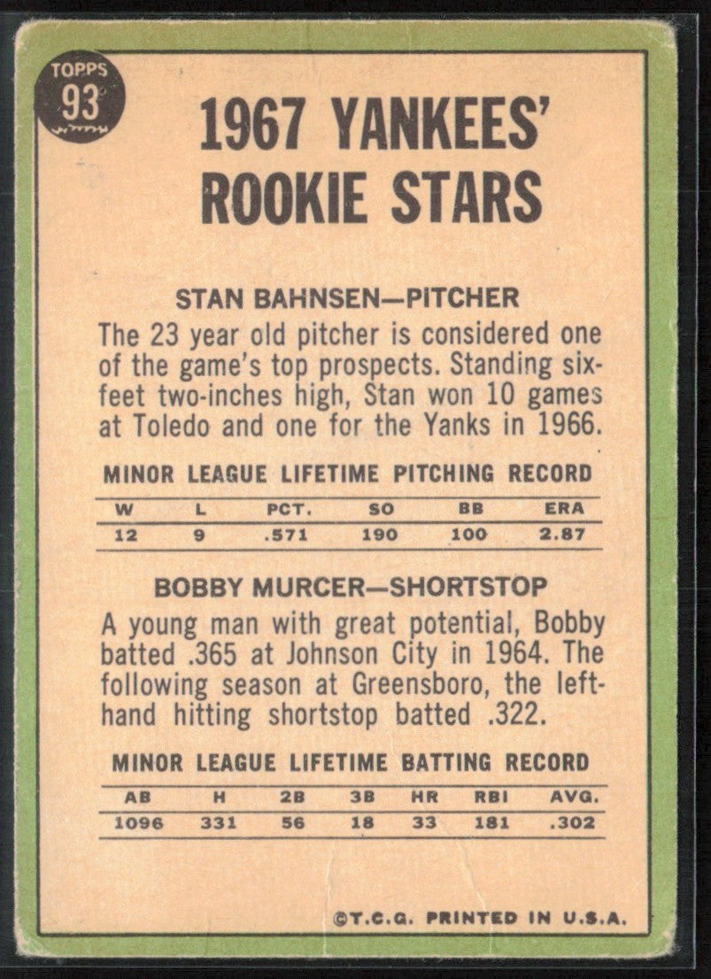 Stan Bahnsen/Bobby Murcer 1967 Topps RC #93 New York Yankees