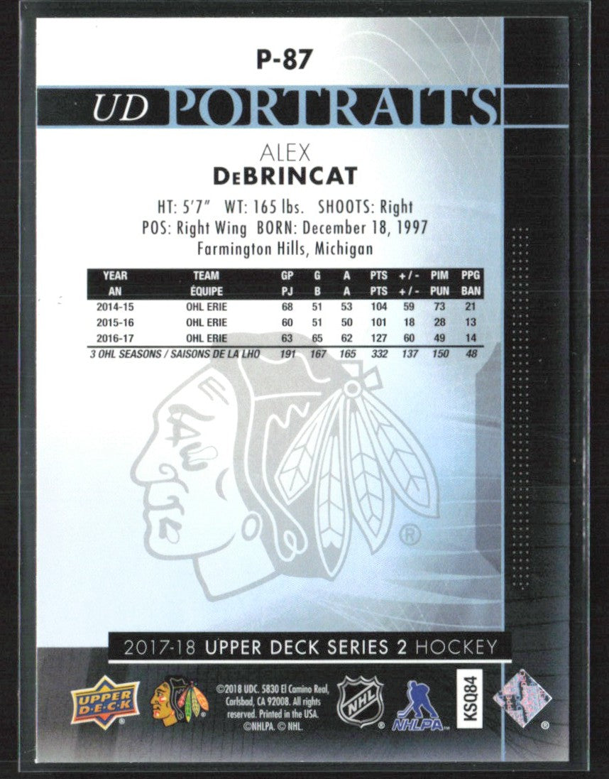 Alex DeBrincat 2017 Upper Deck Portraits RC #P-87 Chicago Blackhawks