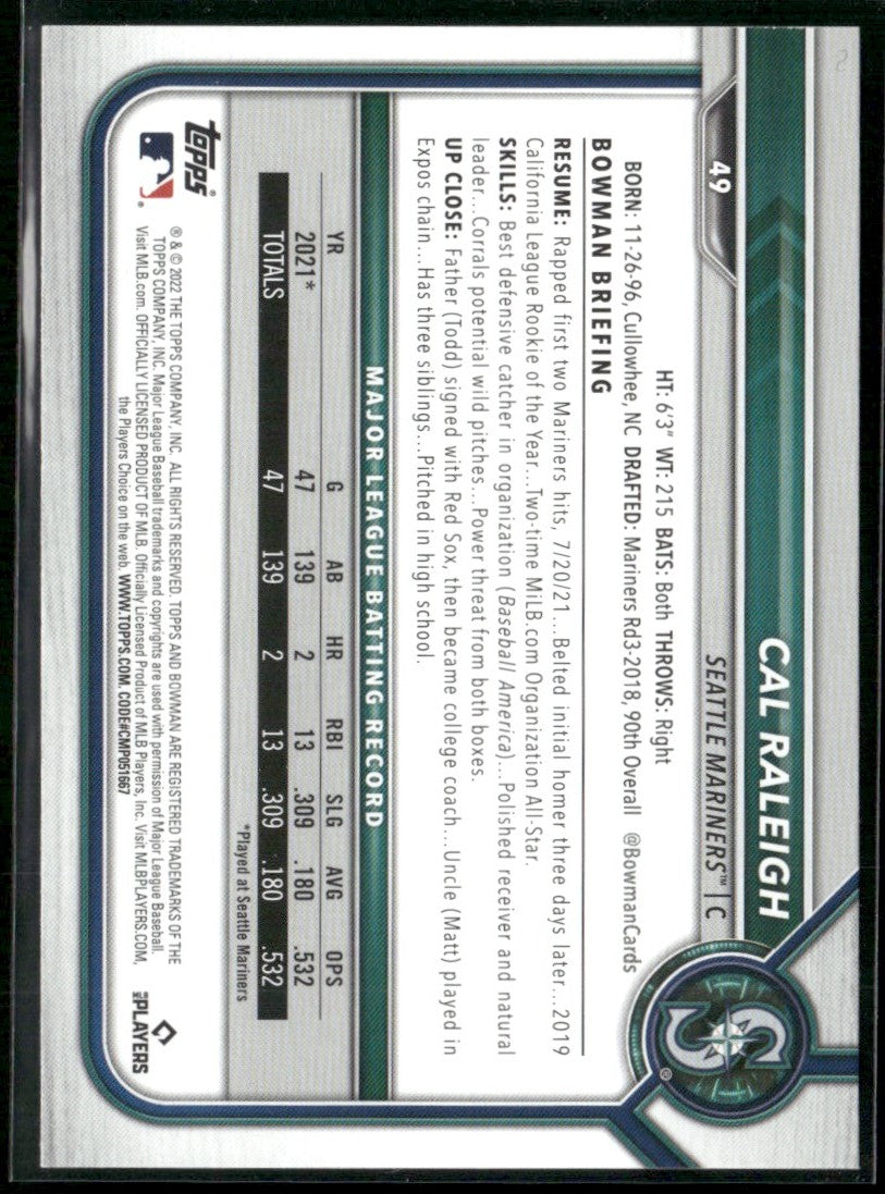 Cal Raleigh 2022 Bowman RC #49 Seattle Mariners
