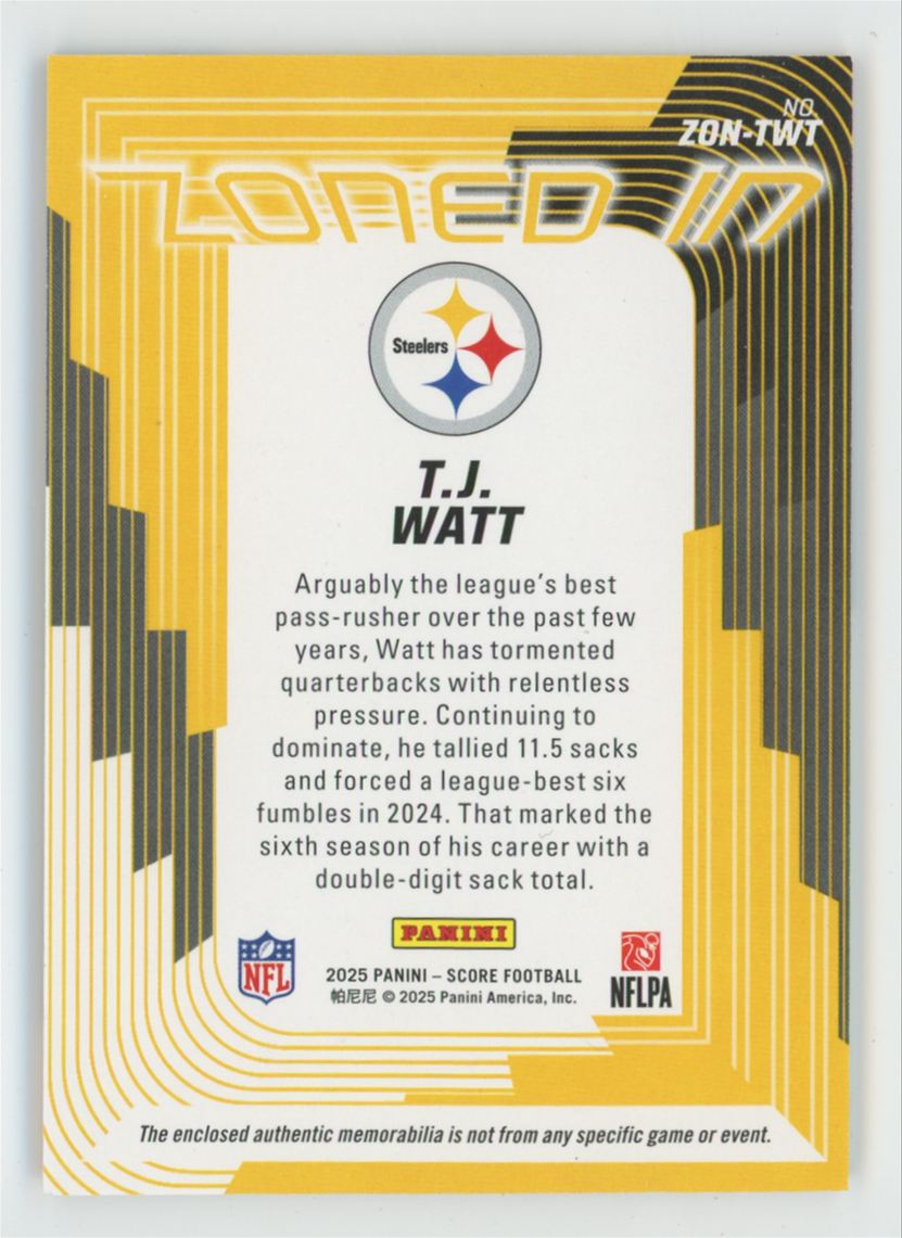 T.J. Watt 2025 Panini Score Zoned In Jersey #ZON-TWT Pittsburgh Steelers
