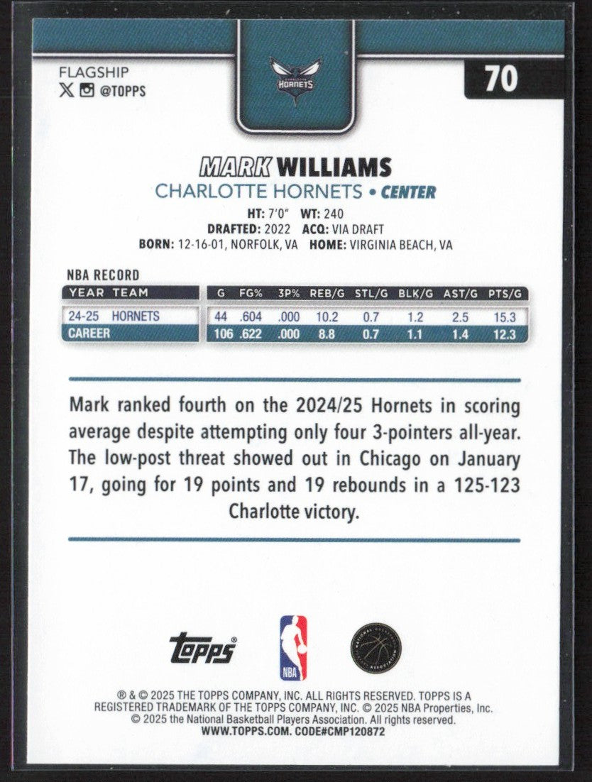 Mark Williams 2025 Topps Gold /2025 #70 Charlotte Hornets