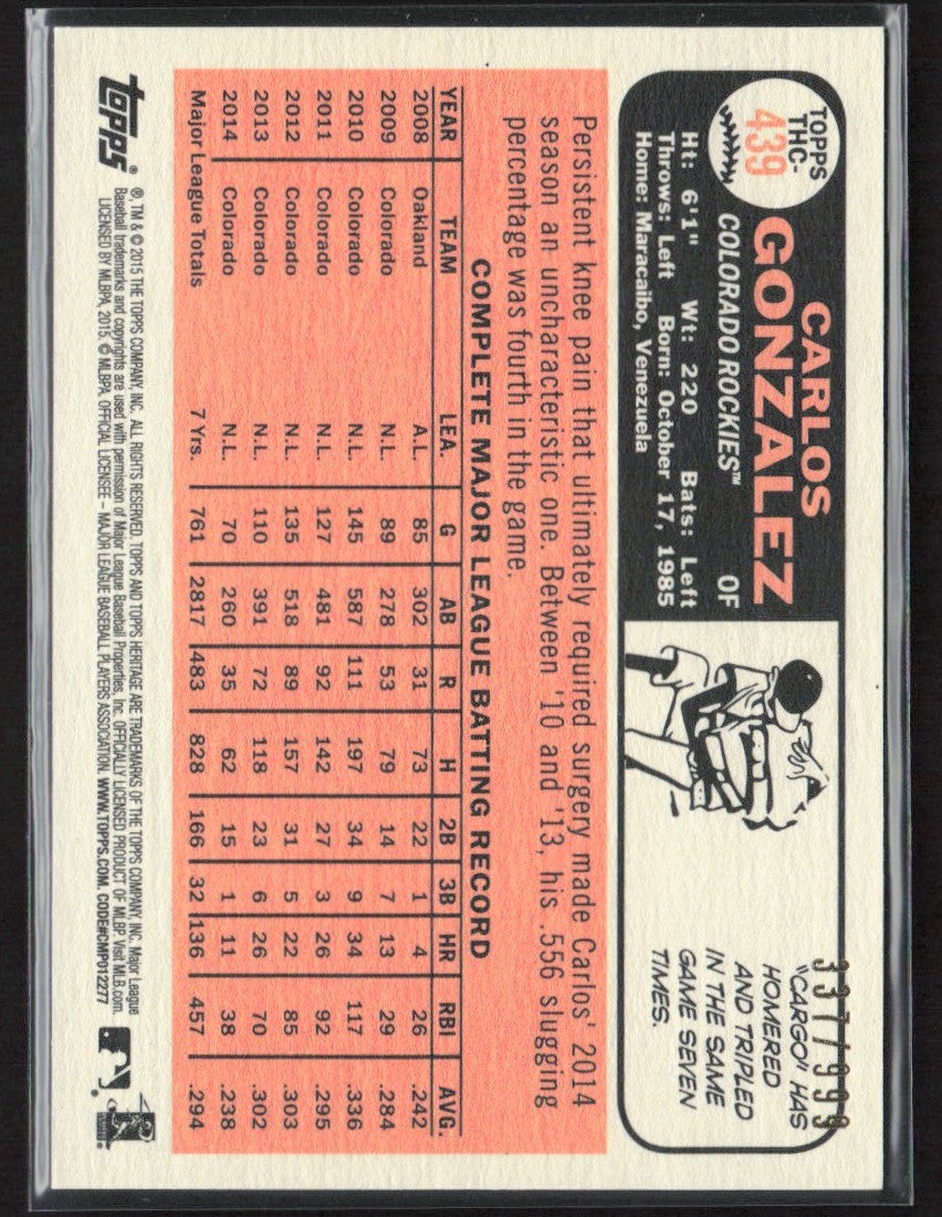 Carlos Gonzalez 2015 Topps Heritage Chrome /999 #THC-439 Colorado Rockies