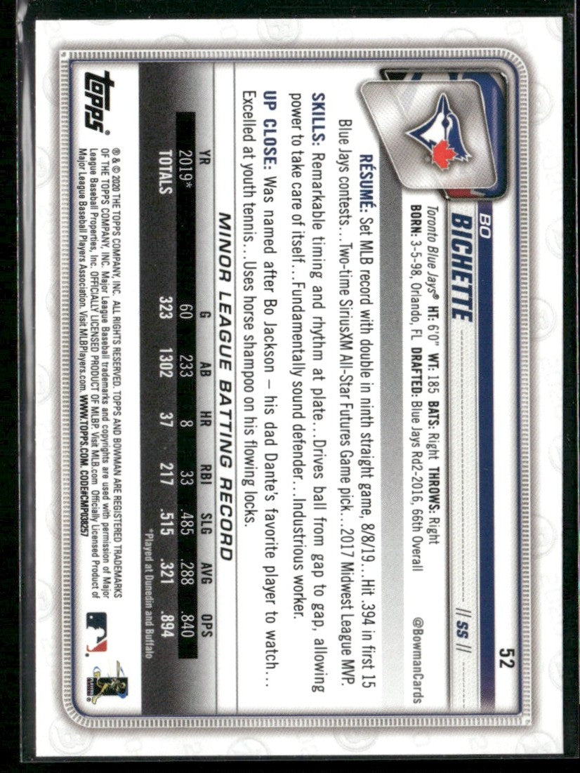 Bo Bichette 2020 Bowman RC #52 Toronto Blue Jays