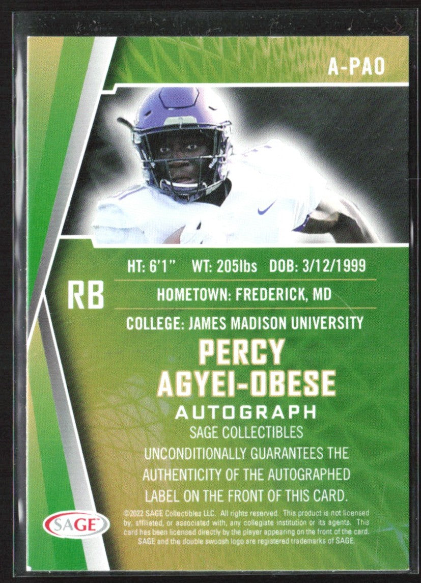 Percy Agyei-Obese 2022 SAGE Low Series Black AUTO #A-PAO James Madison Dukes