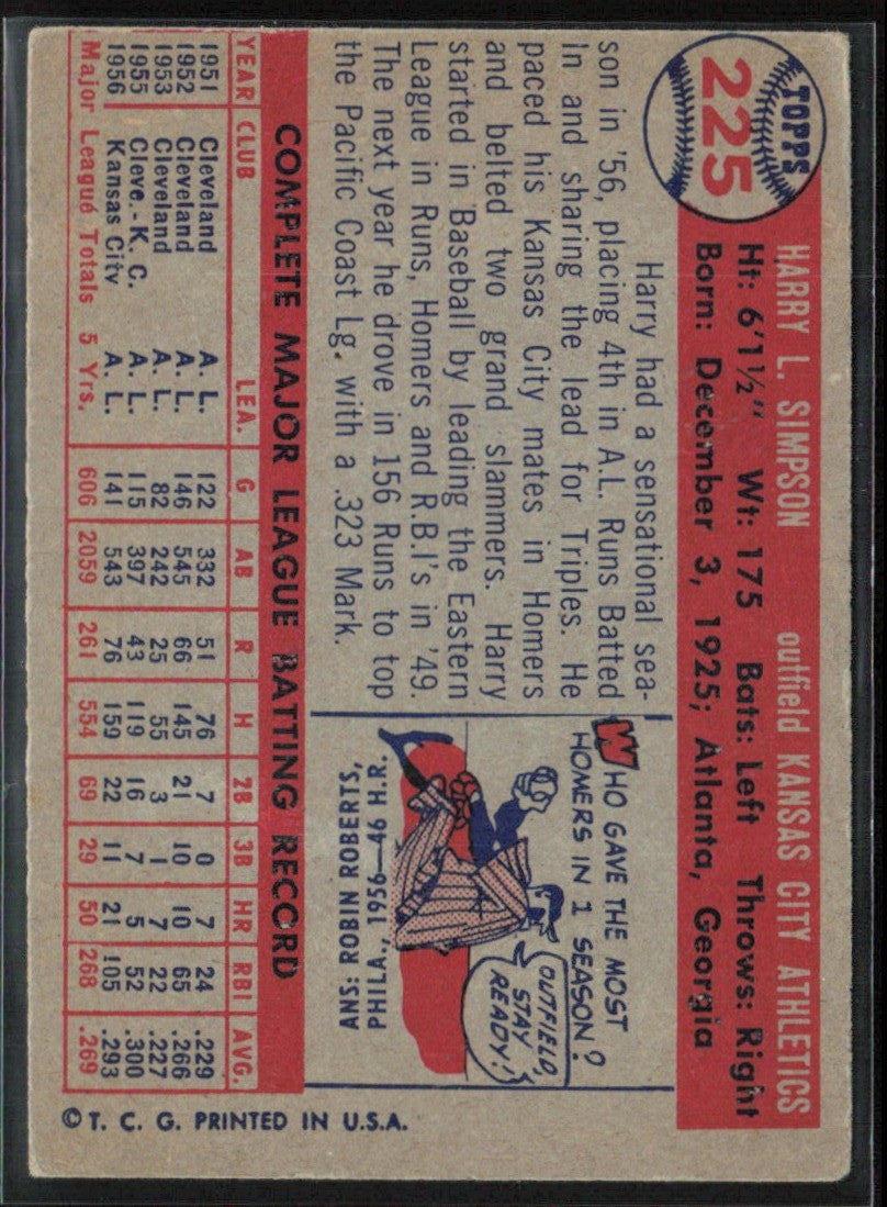 Harry Simpson 1957 Topps #225 Kansas City Athletics