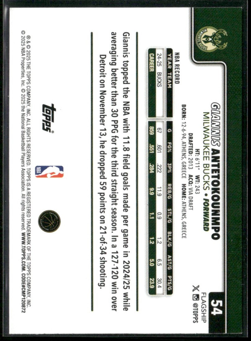 Giannis Antetokounmpo 2025 Topps Foilboard #54 Milwaukee Bucks