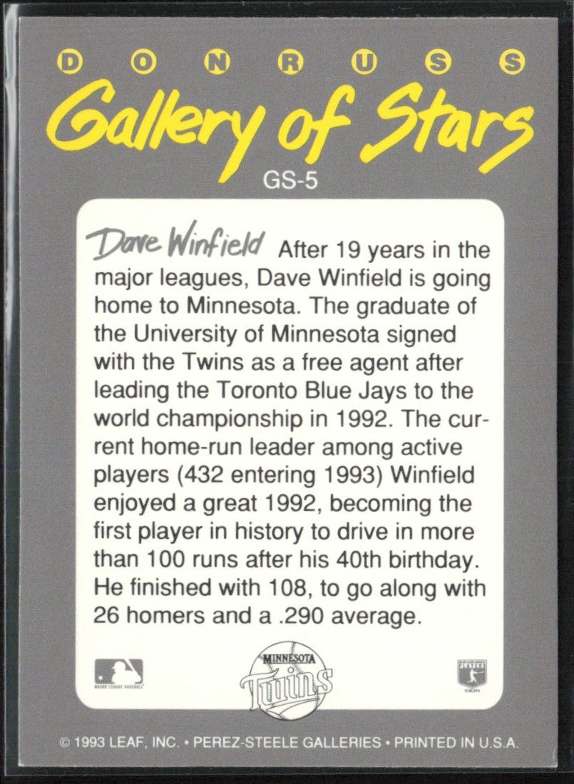 Dave Winfield 1993 Donruss Gallery Of Stars #GS-5 Minnesota Twins