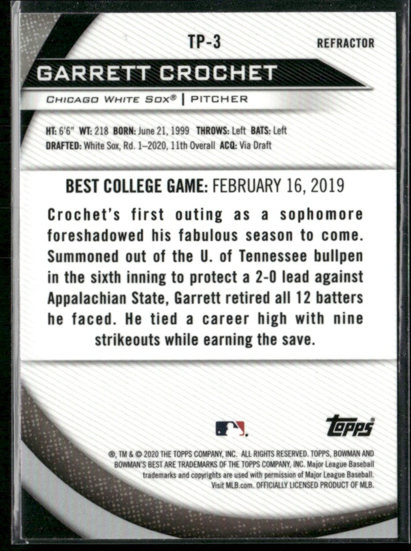 Garrett Crochet 2020 Bowman's Best Refractor #TP-3 Chicago White Sox