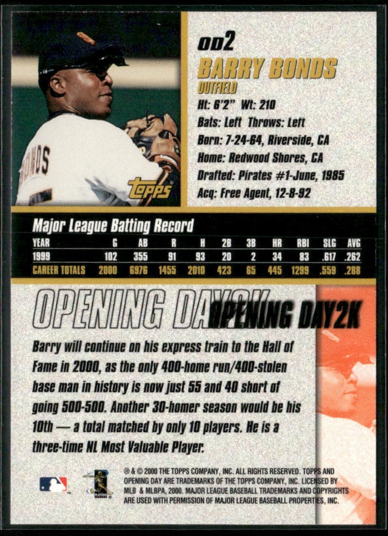 Barry Bonds 2000 Topps Opening Day 2K #OD2 San Francisco Giants