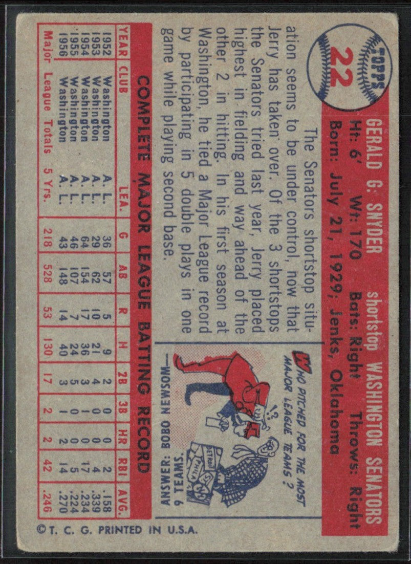Jerry Snyder 1957 Topps #22 Washington Senators