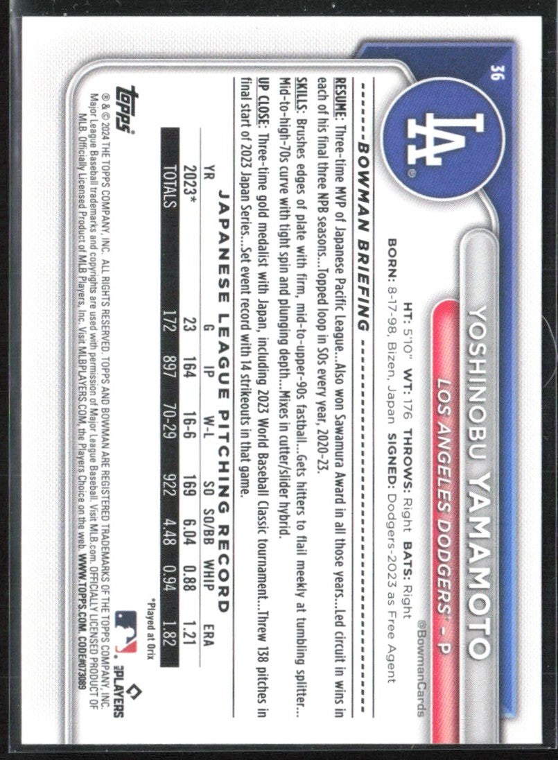 Yoshinobu Yamamoto 2024 Bowman RC #36 Los Angeles Dodgers