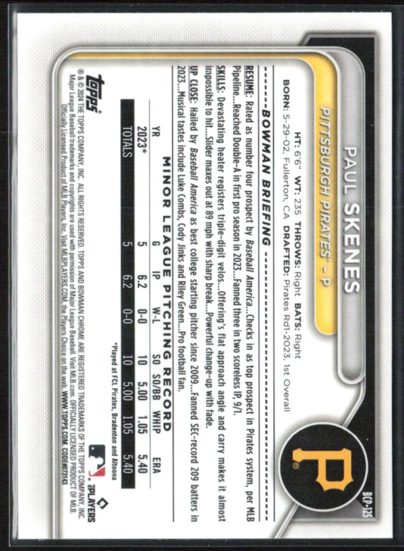 Paul Skenes 2024 Bowman Chrome #BCP-125 Pittsburgh Pirates