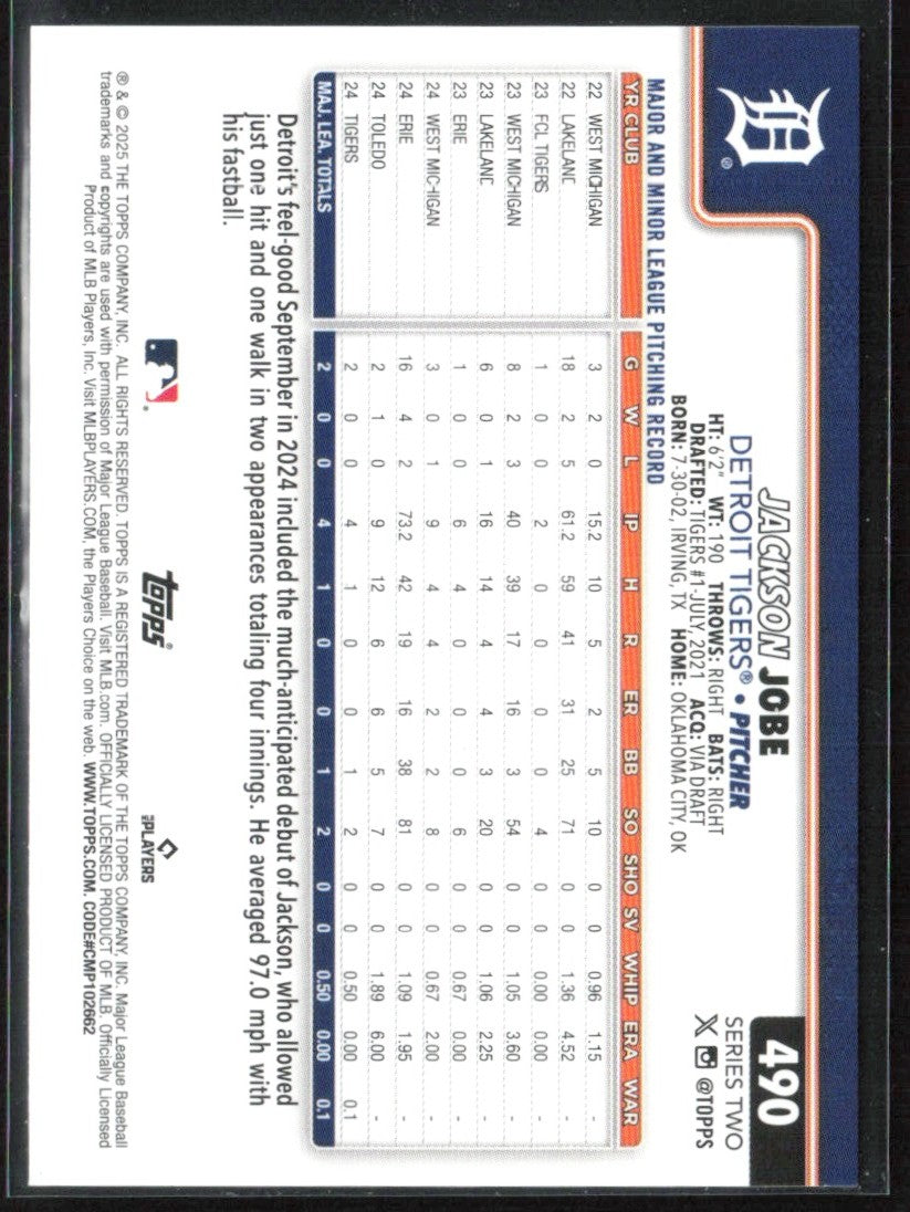 Jackson Jobe 2025 Topps RC #490 Detroit Tigers