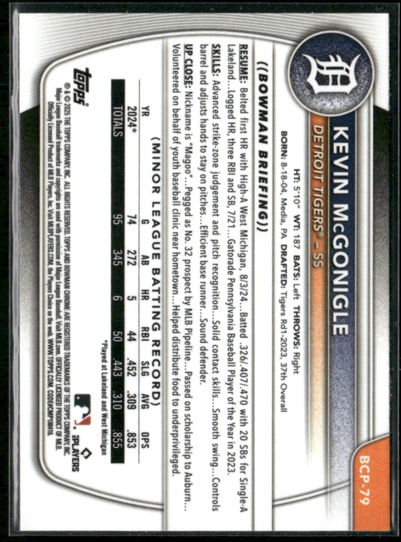 Kevin McGonigle 2025 Bowman Chrome 1st #BCP-79 Detroit Tigers