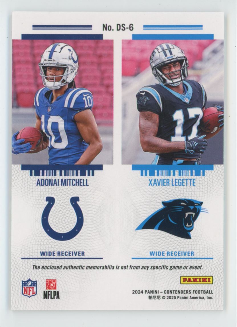 Adonai Mitchell / Xavier Legette 2024 Panini Contenders Rookie Ticket Jersey