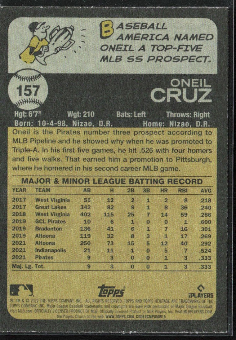 Oneil Cruz 2022 Topps Heritage RC #157 Pittsburgh Pirates