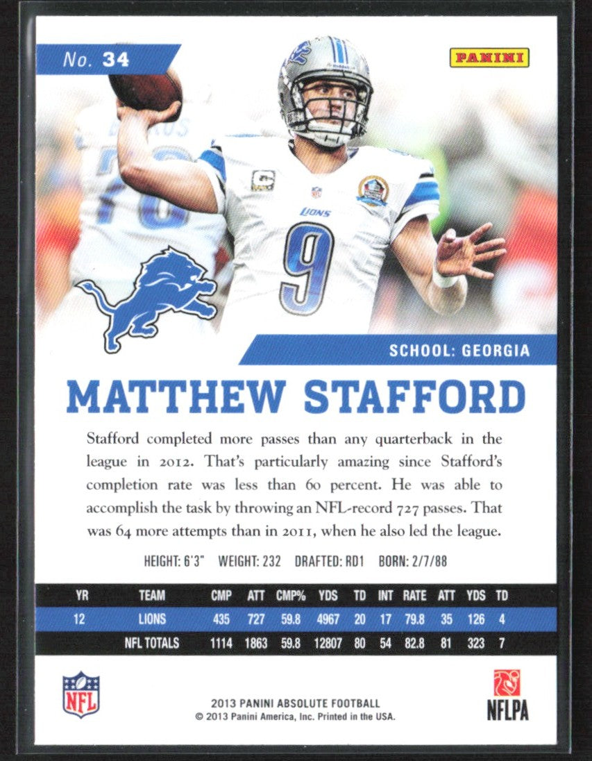 Matthew Stafford 2013 Panini Absolute #34 Detroit Lions