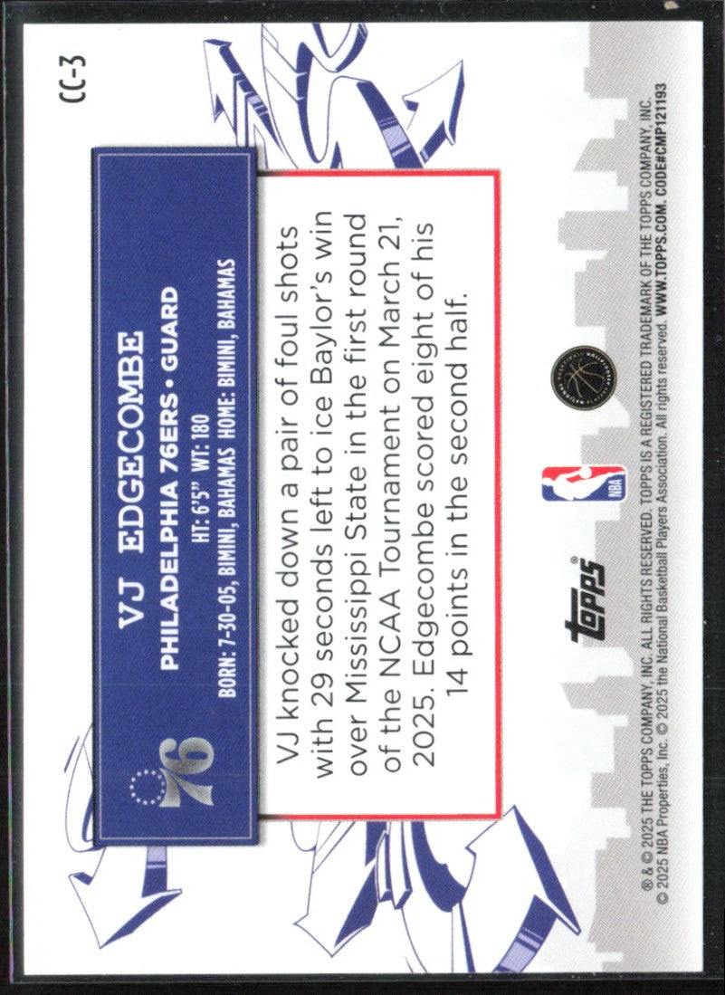 VJ Edgecombe 2025 Topps Clutch City Prospects RC #CC-3 Philadelphia 76ers