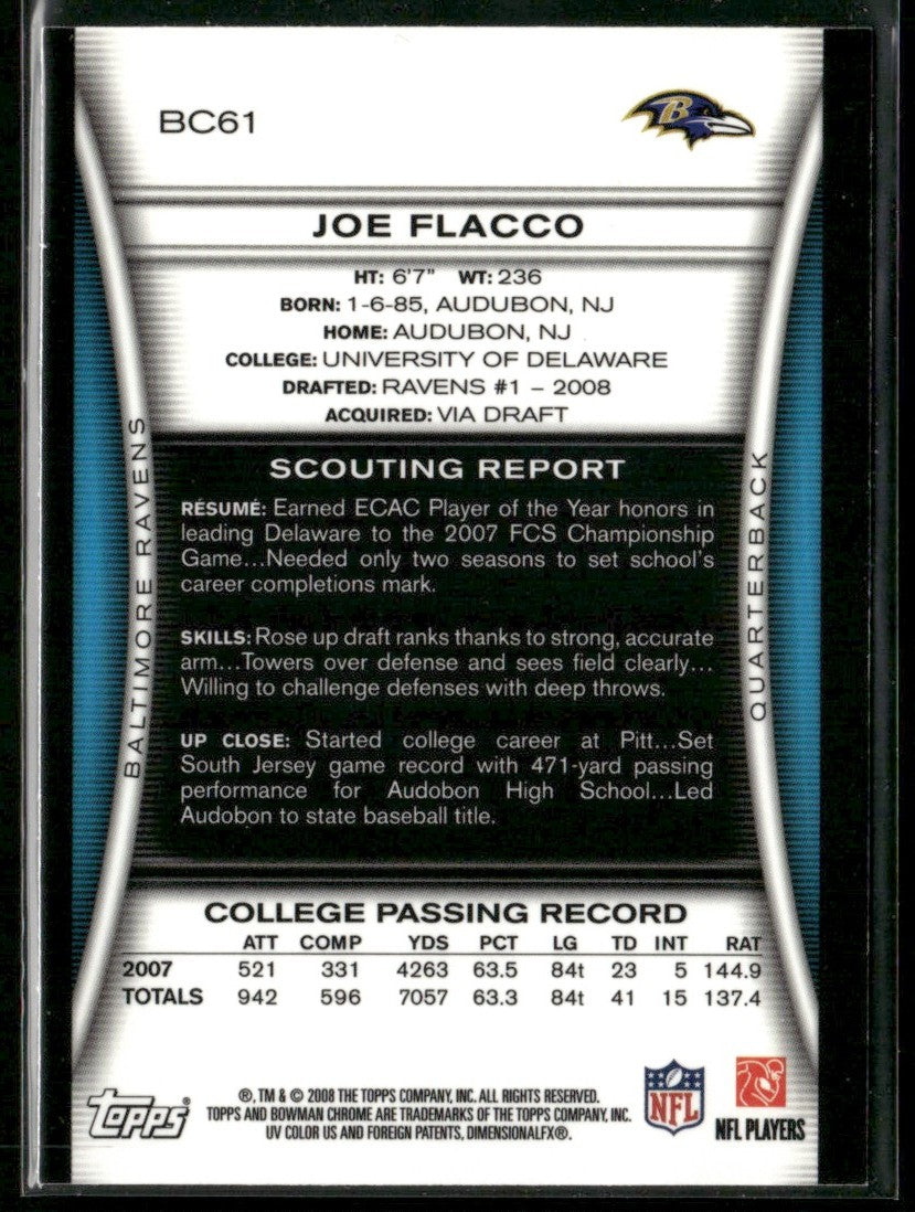Joe Flacco 2008 Bowman Chrome RC #BC61 Baltimore Ravens