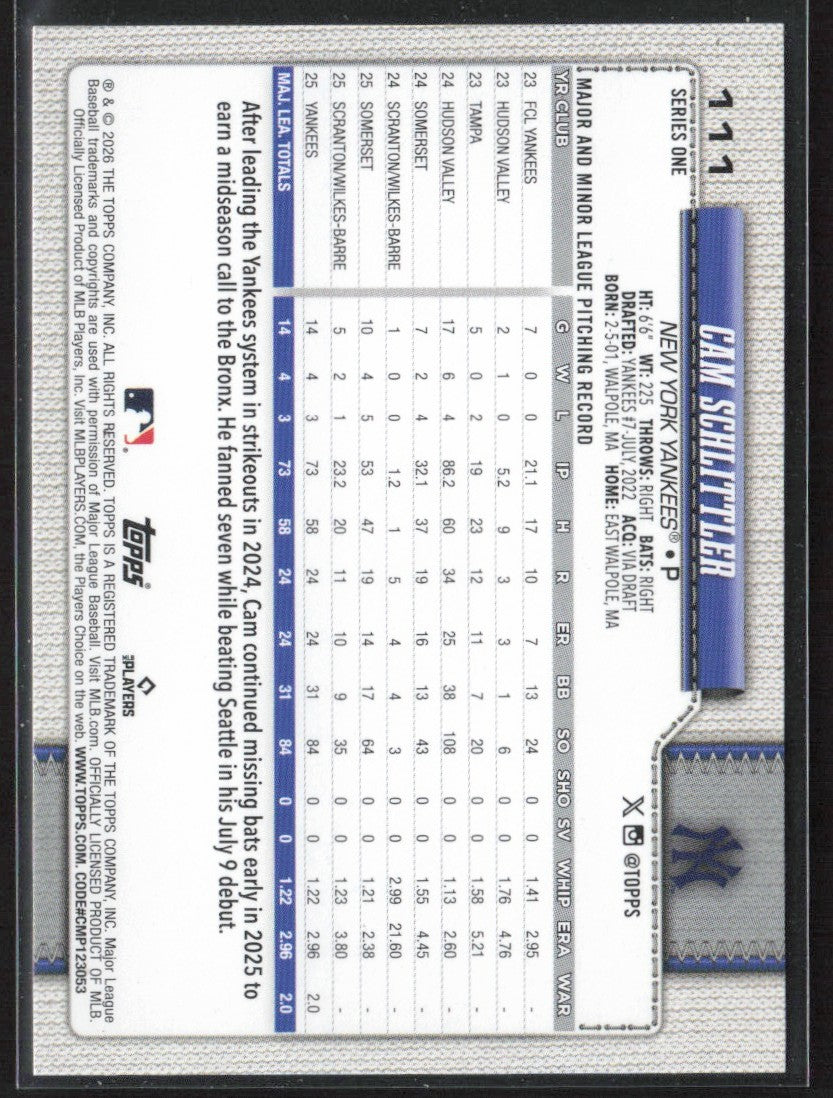 Cam Schlittler 2026 Topps RC #111 New York Yankees