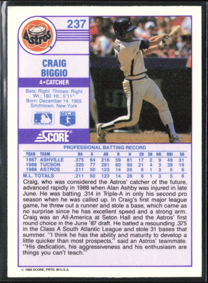 Craig Biggio 1989 Score RC #237 Houston Astros