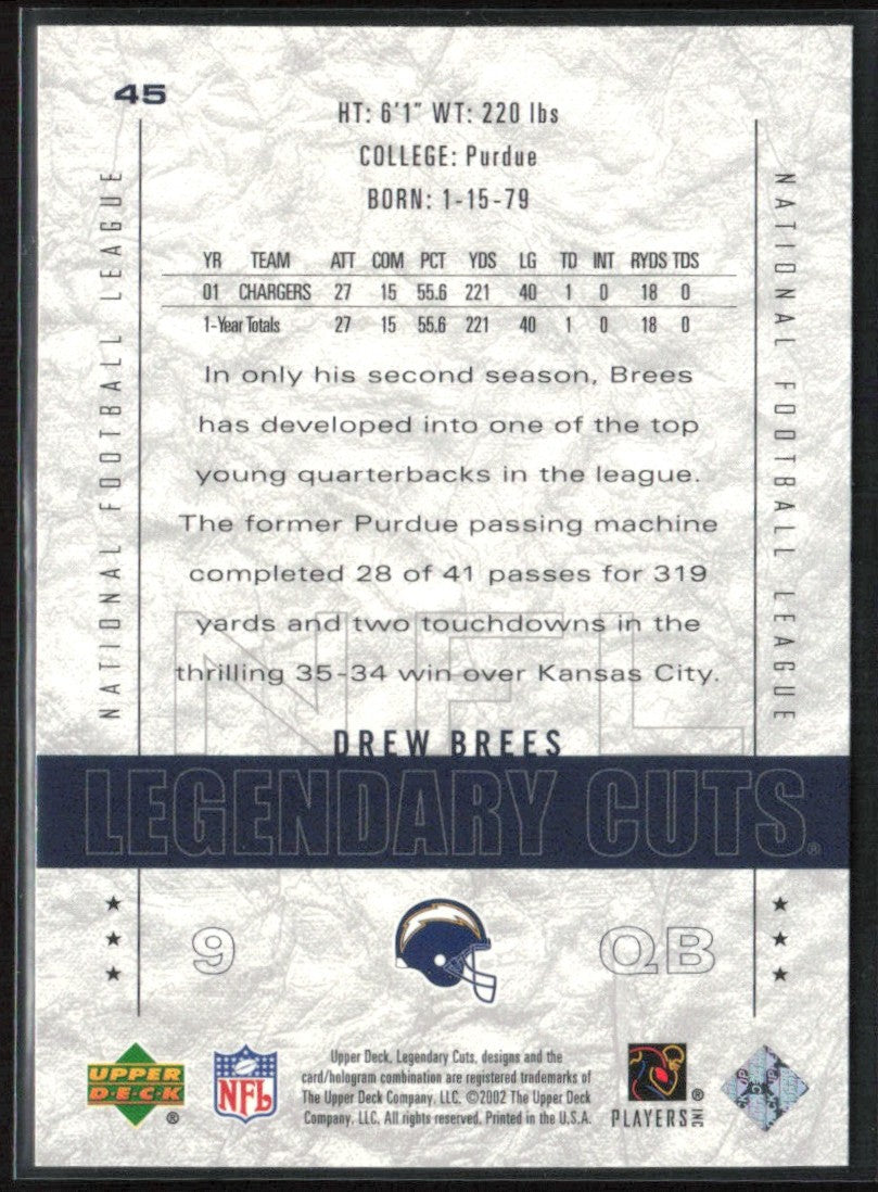 Drew Brees 2002 SP Legendary Cuts #45 San Diego Chargers