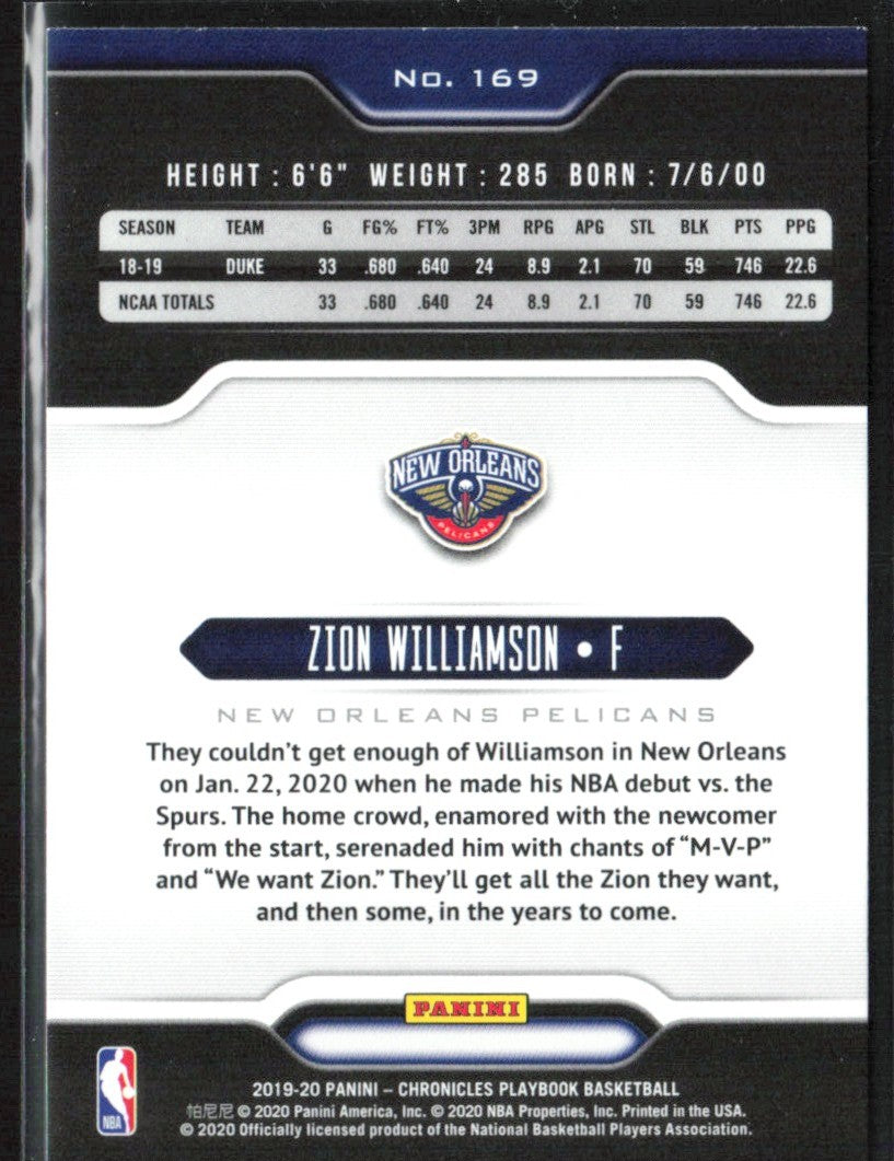 Zion Williamson 2019 Panini Chronicles Playbook Green RC #169