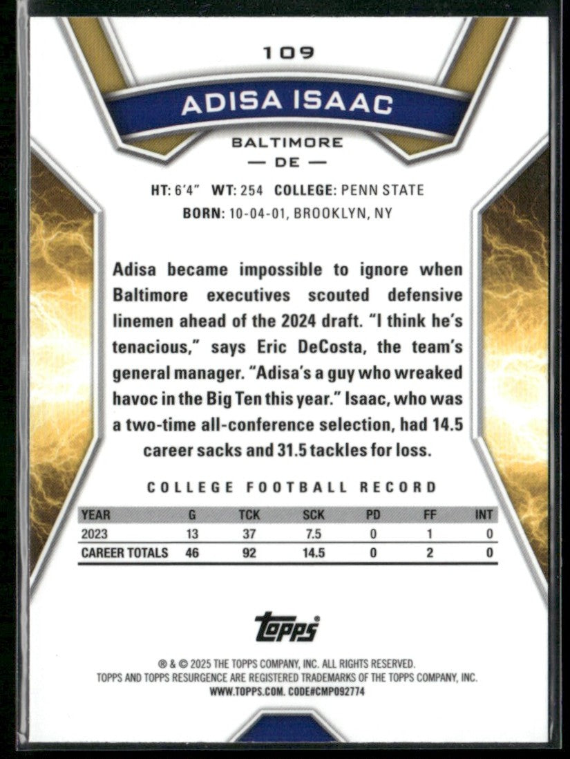 Adisa Isaac 2024 Topps Resurgence Crimson Surge RC /199 #109 Baltimore Ravens