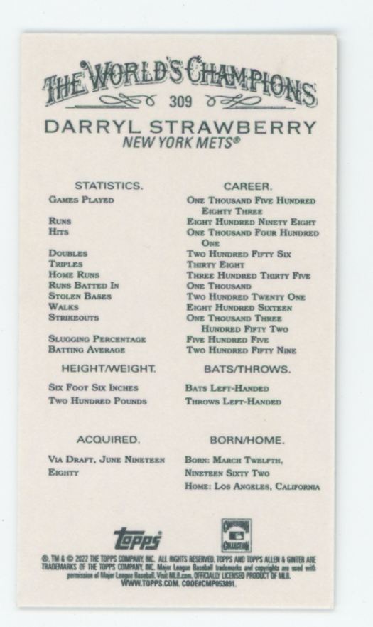Darryl Strawberry 2022 Topps Allen Ginter Mini #309 New York Mets