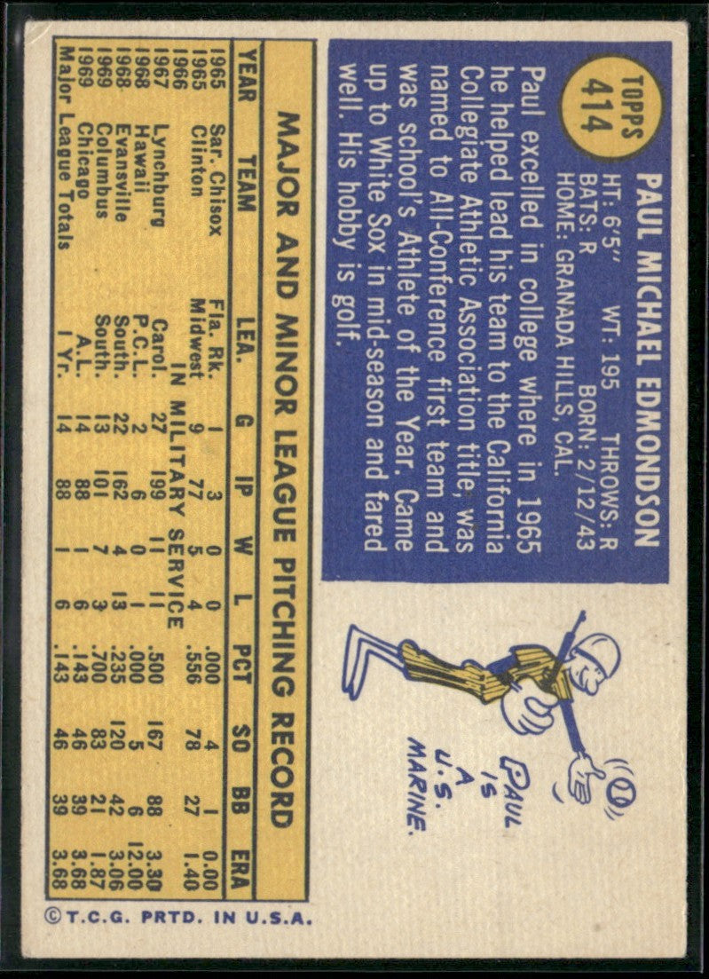 Paul Edmondson 1970 Topps RC #414 Chicago White Sox