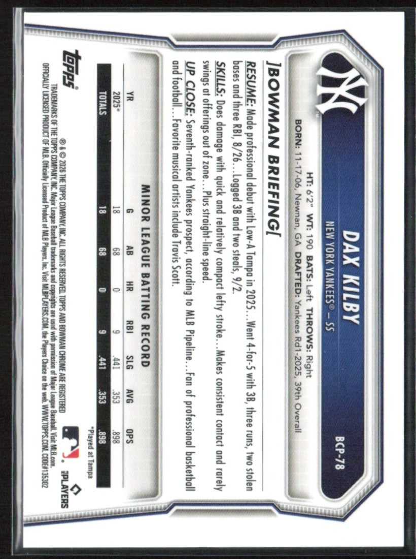 Dax Kilby 2026 Bowman Chrome Reptilian #BCP-78 New York Yankees