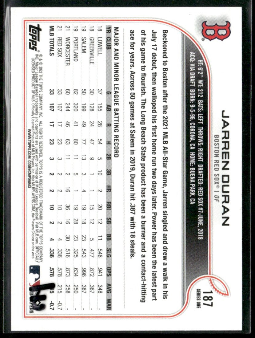 Jarren Duran 2022 Topps RC #187 Boston Red Sox