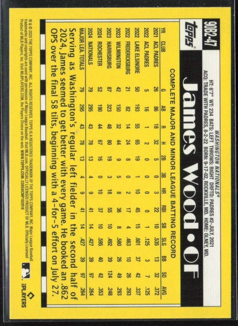 James Wood 2025 Topps 1990 Design RC #90B2-47 Washington Nationals