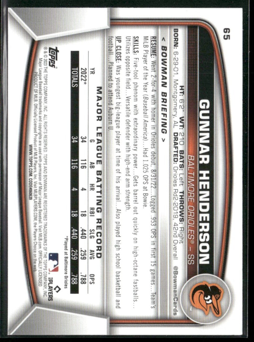 Gunnar Henderson 2023 Bowman RC #65 Baltimore Orioles