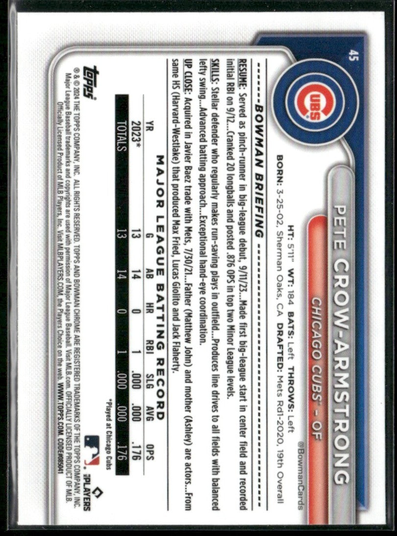 Pete Crow-Armstrong 2024 Bowman Chrome RC #45 Chicago Cubs