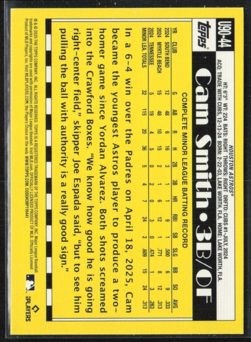 Cam Smith 2025 Topps Update 1990 Design RC #U90-44 Houston Astros