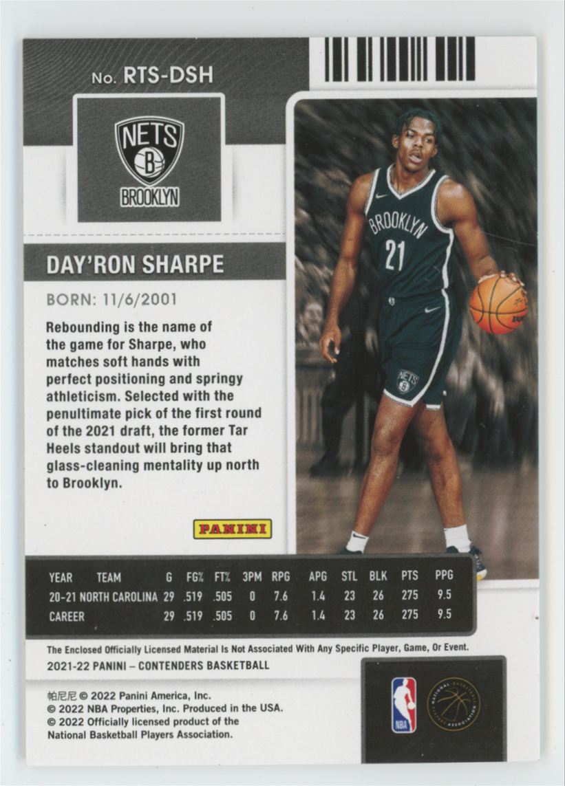 Day'Ron Sharpe 2021 Panini Contenders Rookie Ticket Swatches RC Jersey