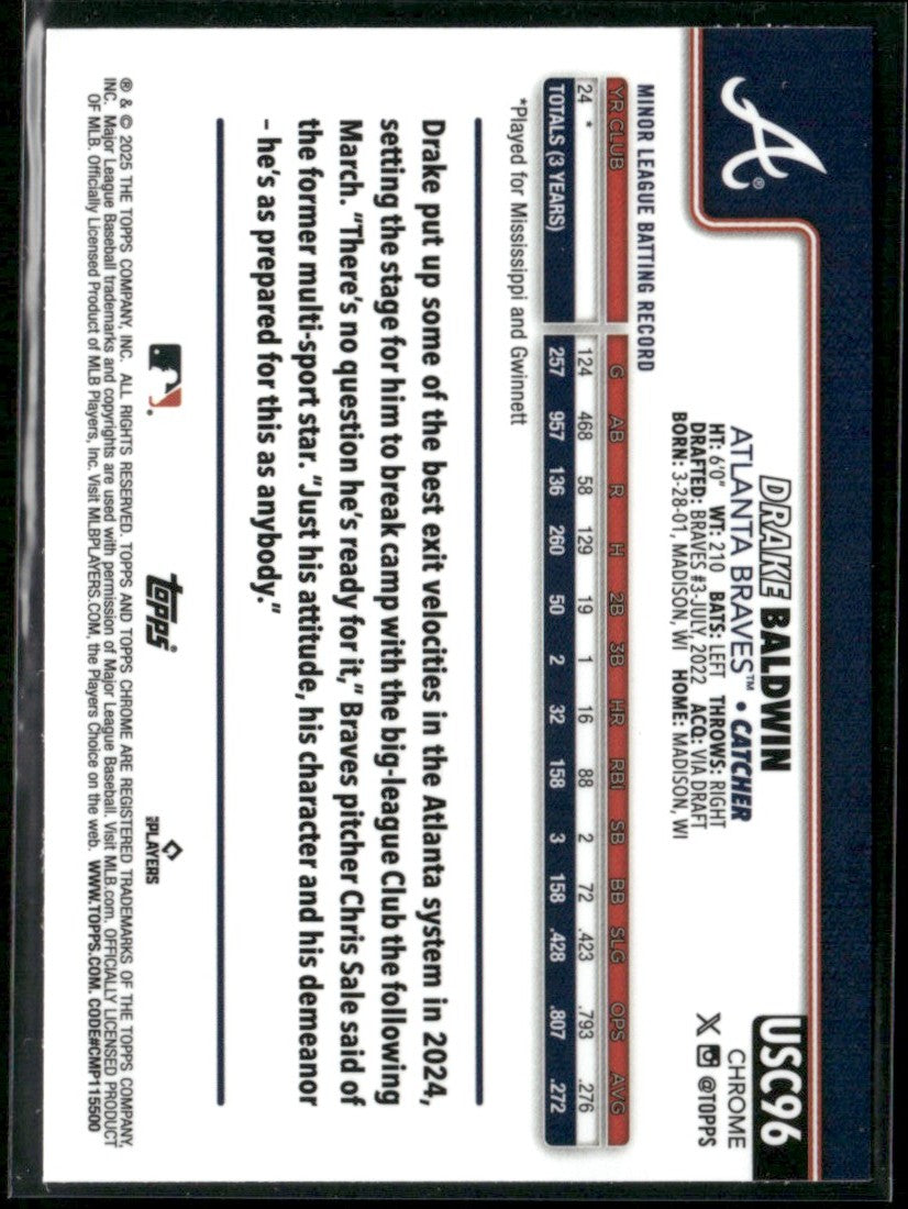 Drake Baldwin 2025 Topps Chrome Update RC #USC96 Atlanta Braves