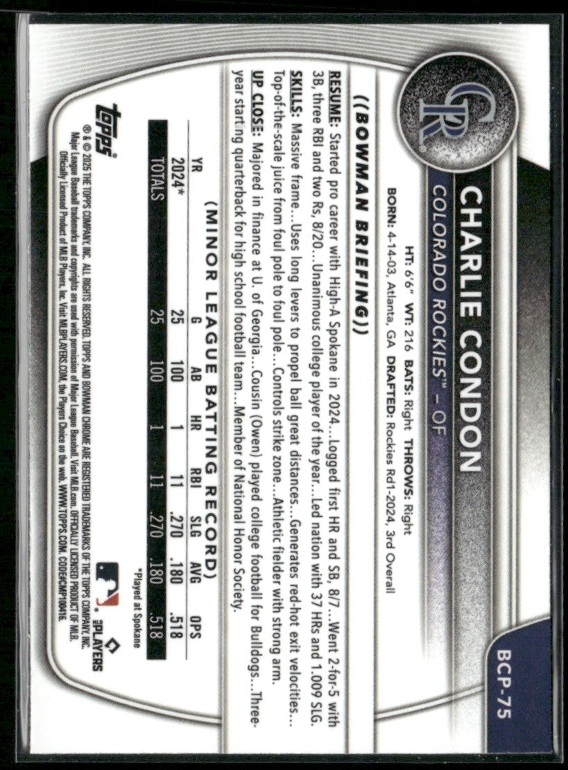 Charlie Condon 2025 Bowman Chrome 1st #BCP-75 Colorado Rockies