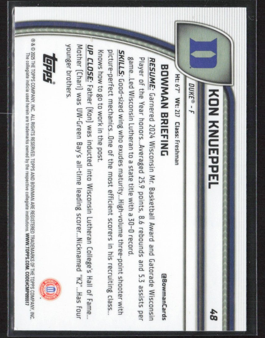 Kon Knueppel 2024 Bowman University Chrome #48 Duke Blue Devils