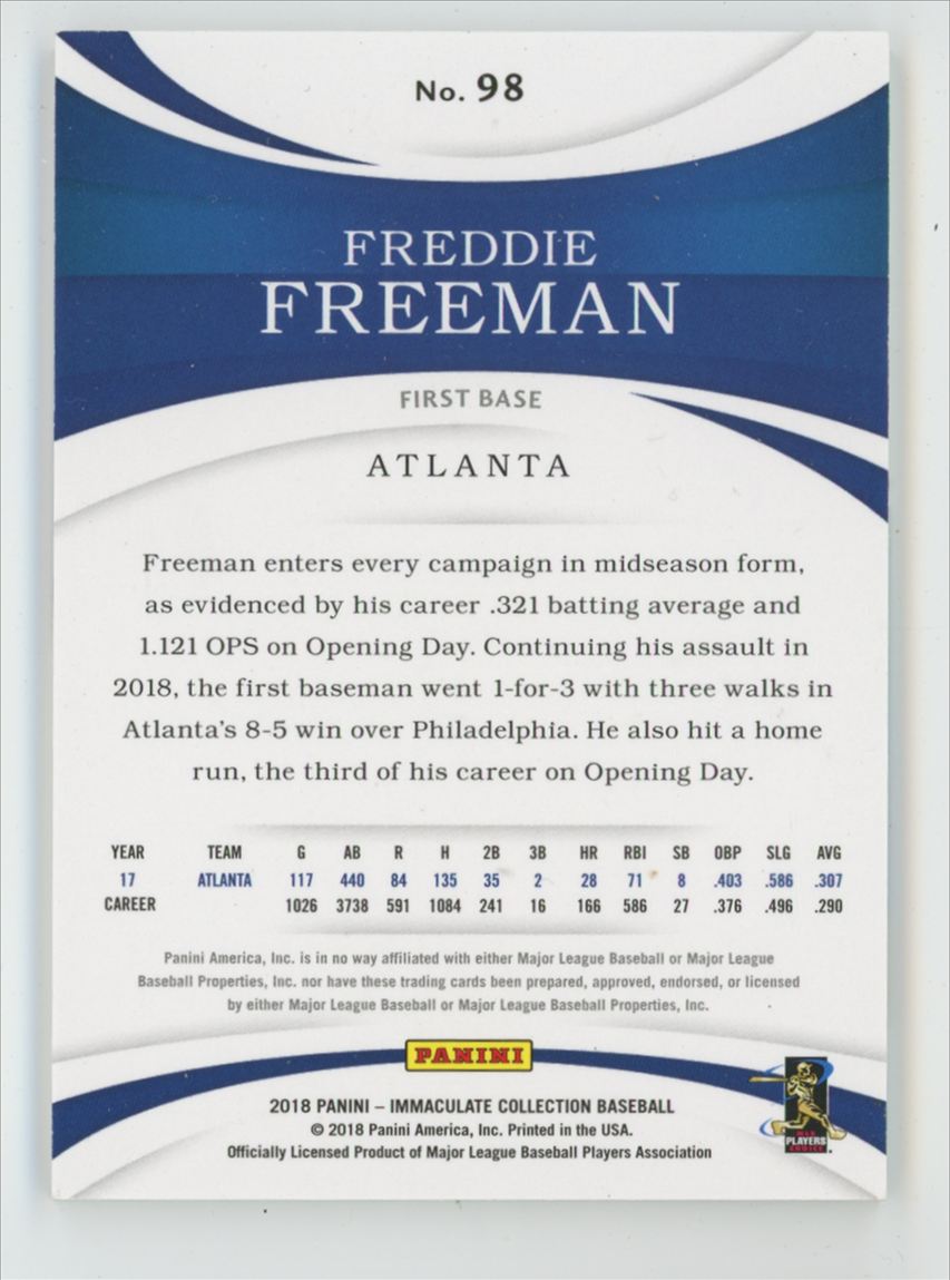 Freddie Freeman 2018 Panini Immaculate Collection /99 #98 Atlanta Braves