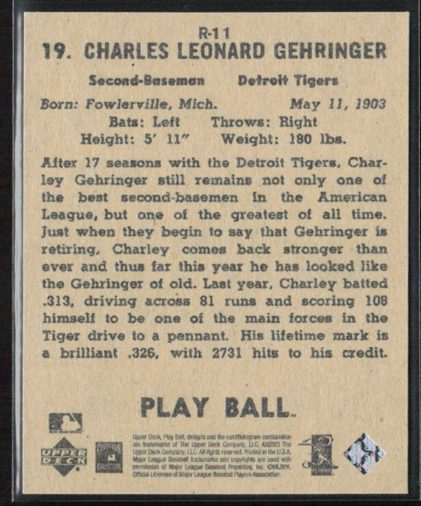 Charlie Gehringer 2003 Upper Deck Play Ball 1941 Reprints #R-11 Detroit Tigers