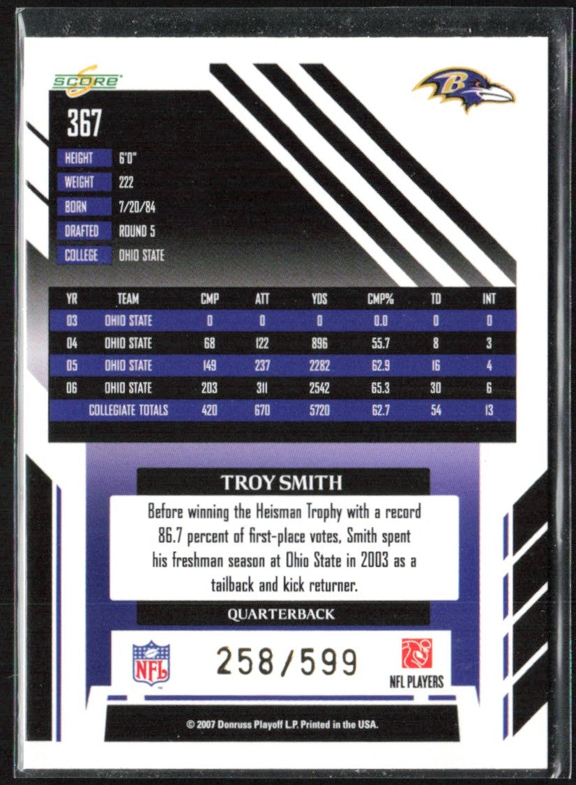 Troy Smith 2007 Score Select RC /599 #367 Baltimore Ravens
