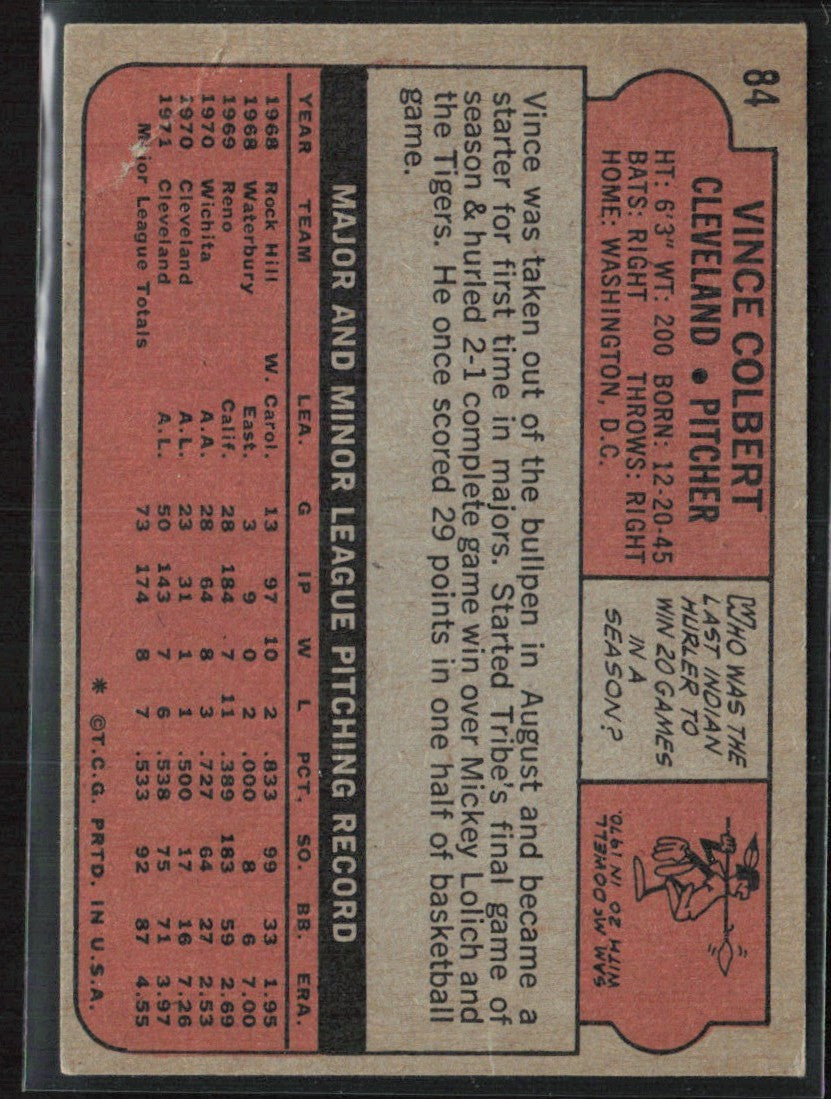 Vince Colbert 1972 Topps #84 Cleveland Indians