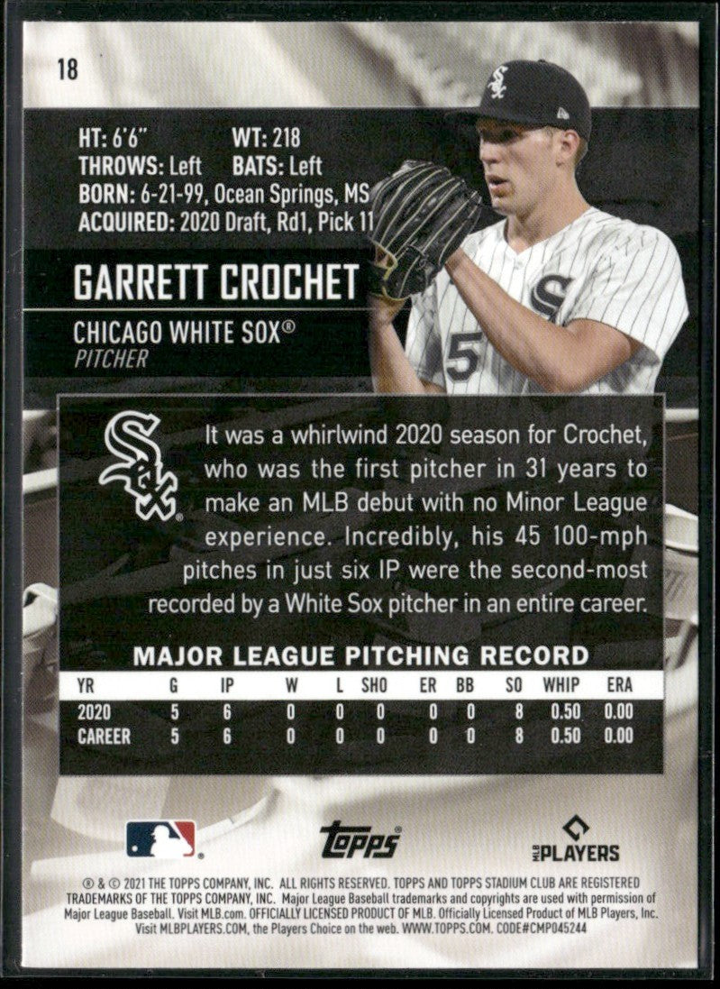 Garrett Crochet 2021 Topps Stadium Club RC #18 Chicago White Sox