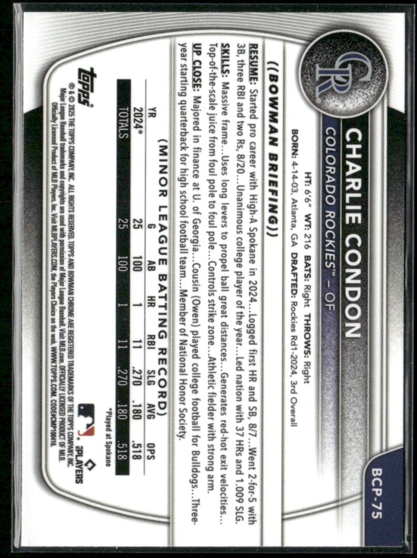 Charlie Condon 2025 Bowman Chrome 1st #BCP-75 Colorado Rockies