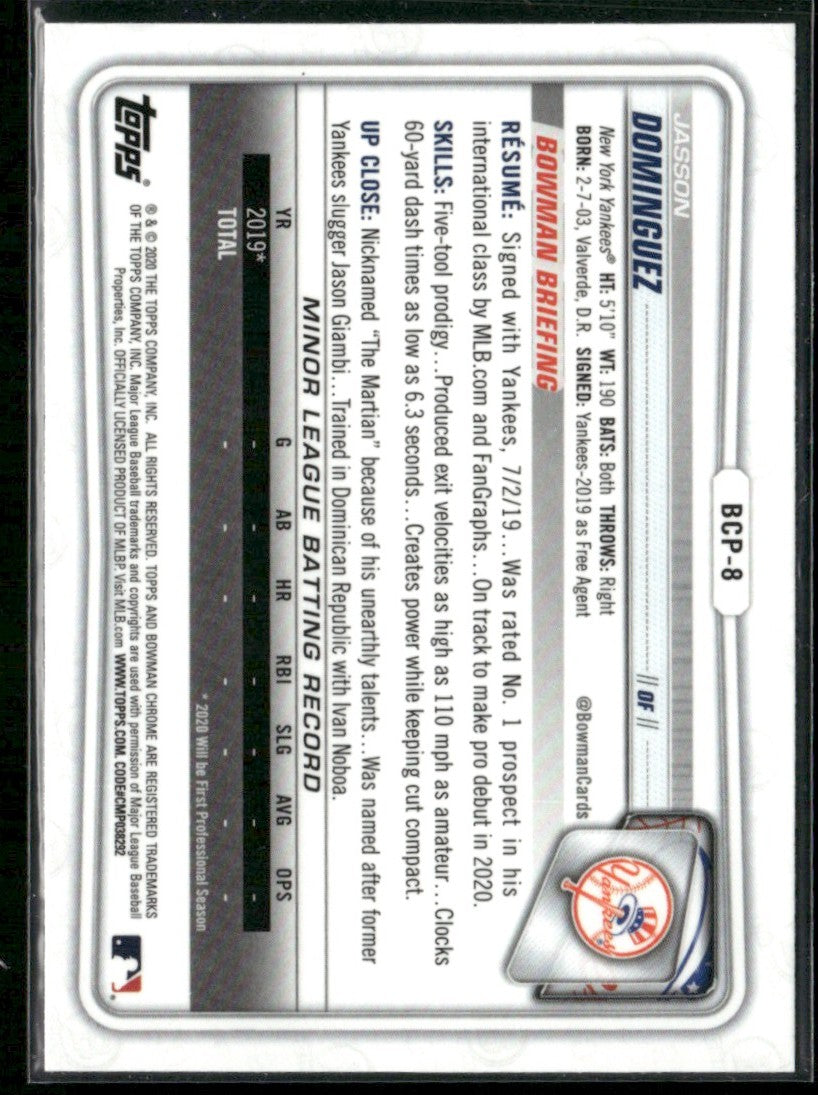 Jasson Dominguez 2020 Bowman Chrome 1st #BCP-8 New York Yankees